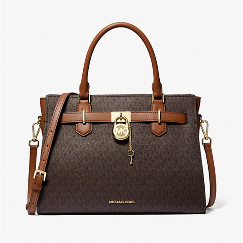 MICHAEL KORS Hamilton Medium Logo Satchel Purse Handbag Brown Gold NEW